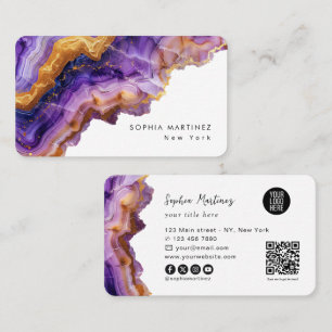 Moderne violette Achat-Goldmarmor- & QR-Code-Logo Visitenkarte