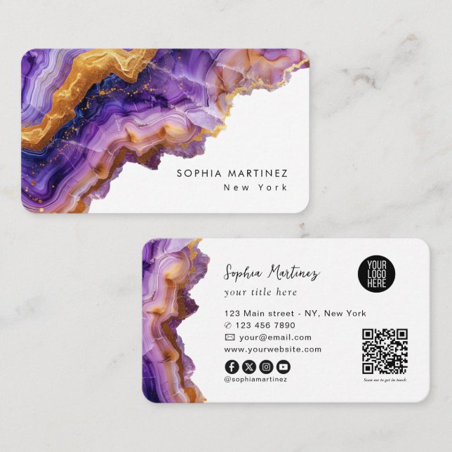 Moderne violette Achat-Goldmarmor- & QR-Code-Logo Visitenkarte (Vorne/Hinten)