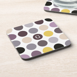 Moderne violette gelbe Punkte-Muster-Monogramm Getränkeuntersetzer