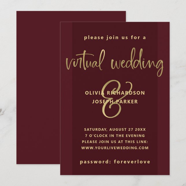 Moderne virtuelle Hochzeit | Burgund und Gold Einladung (Vorne/Hinten)