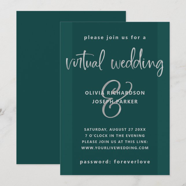 Moderne virtuelle Hochzeit| Emerald Green und Silb Einladung (Vorne/Hinten)