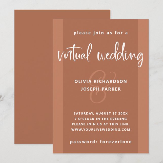 Moderne virtuelle Hochzeit | Kupfer farbig und wei Einladung (Vorne/Hinten)
