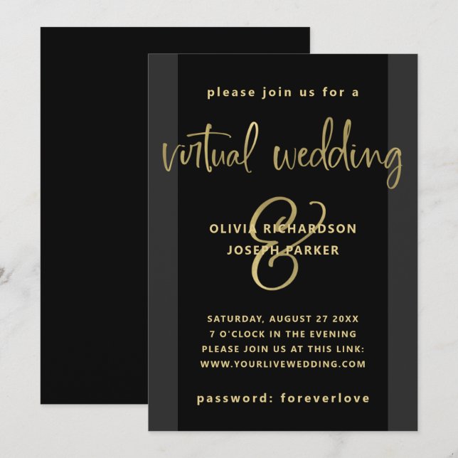 Moderne virtuelle Hochzeit| Schwarz und Gold Einladung (Vorne/Hinten)