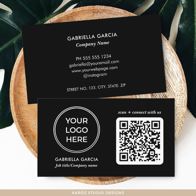 Moderne Visitenkarte mit schwarzem QR-Code-Logo (Add your logo and business contact information. Enter URL to create QR Code)