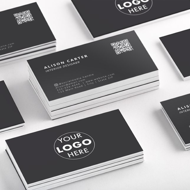 Moderne Visitenkarten | QR-Code + Logo | Ash Black Visitenkarte (Stacks of ash black business cards showing the front of the card with QR code and logo at the back.)