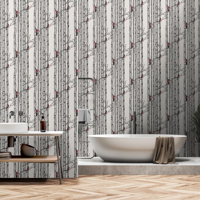 Moderne Vogelbäume und Vögel des Roten Kardinals Tapete (Badezimmer)