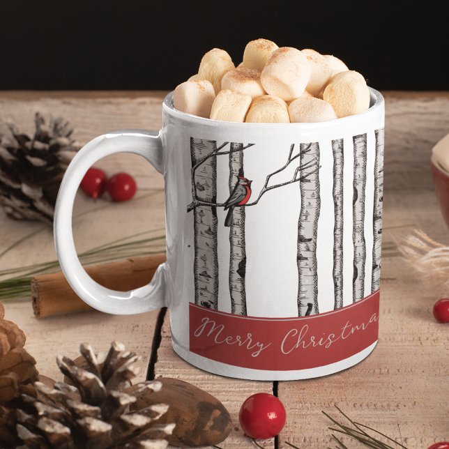 Moderne Vogelbäume und Vögel des Roten Kardinals Zweifarbige Tasse (Custom Hand-Drawn Merry Christmas Mug in Black Ink. Cardinal Birds Perched on Birch Trees Pattern.)