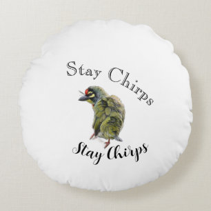 Moderne Vogelgrafik Stay Chirp Natur Liebe Rund Rundes Kissen