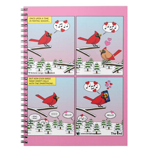 Moderne Vogelpaarung ruft Comic auf Notizblock (Vorderseite)