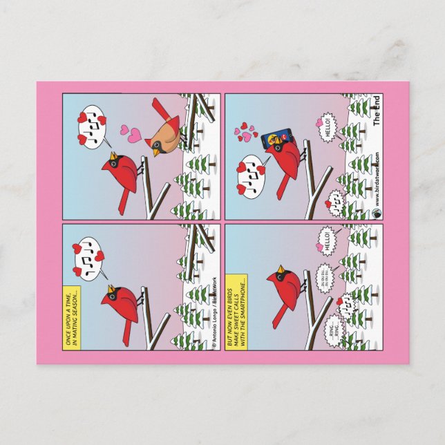 Moderne Vogelpaarung ruft Comic auf Postkarte (Vorderseite)