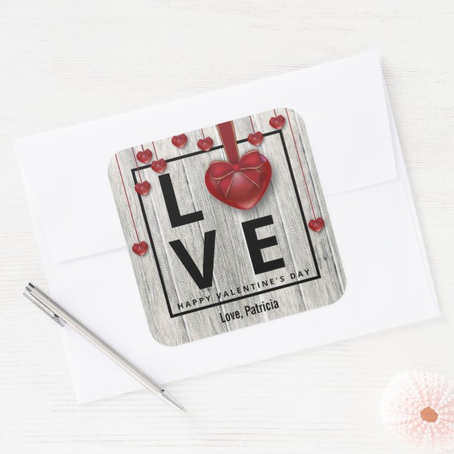Moderne Wald Valentine's Day LIEBE Rotes Herz Rust Quadratischer Aufkleber (Umschlag)