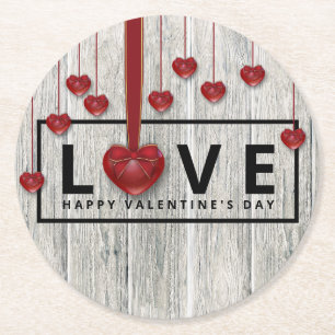 Moderne Wald Valentinstag Rustikale LIEBE Rote Her Runder Pappuntersetzer
