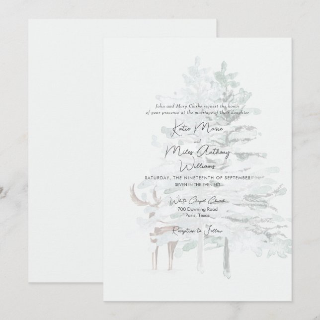 Moderne Waldelbäume und Hirschhochzeiten Einladung (Vorne/Hinten)