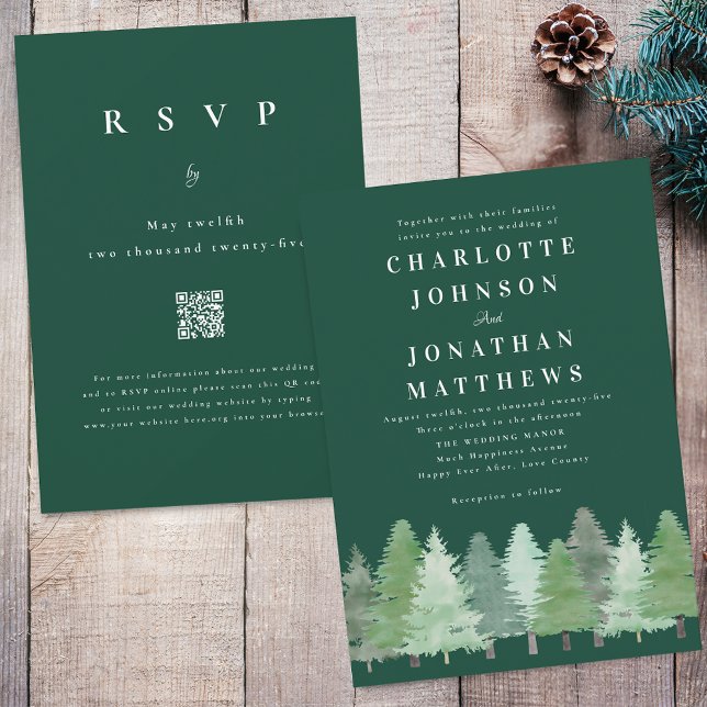 Moderne Waldlandschaft QR Code Grüne Hochzeit Einladung (Modern Woodland forest dark green and white wedding qr code invitation Watercolor evergreen trees)