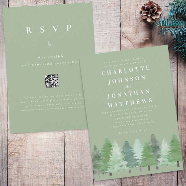 Moderne Waldlandschaft QR Kodex Seite Grüne Hochze Einladung (Modern watercolor Woodland pine forest sage green wedding qr code invitation Simple evergreen trees)