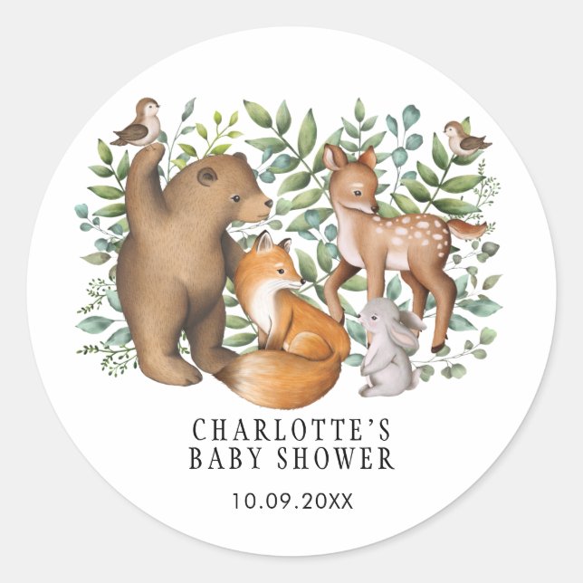 Moderne Waldtiere Baby Duschfavoriten Runder Aufkleber (Vorderseite)