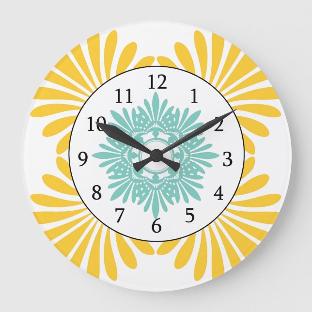 Moderne Wall-Uhr - gelbes grünes Blumenmuster Große Wanduhr (Vorderseite)