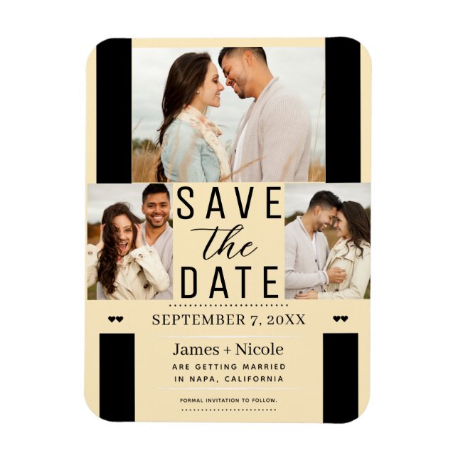 Moderne Warm Custard Save the Date 3 Foto Hochzeit Magnet (Vertikal)