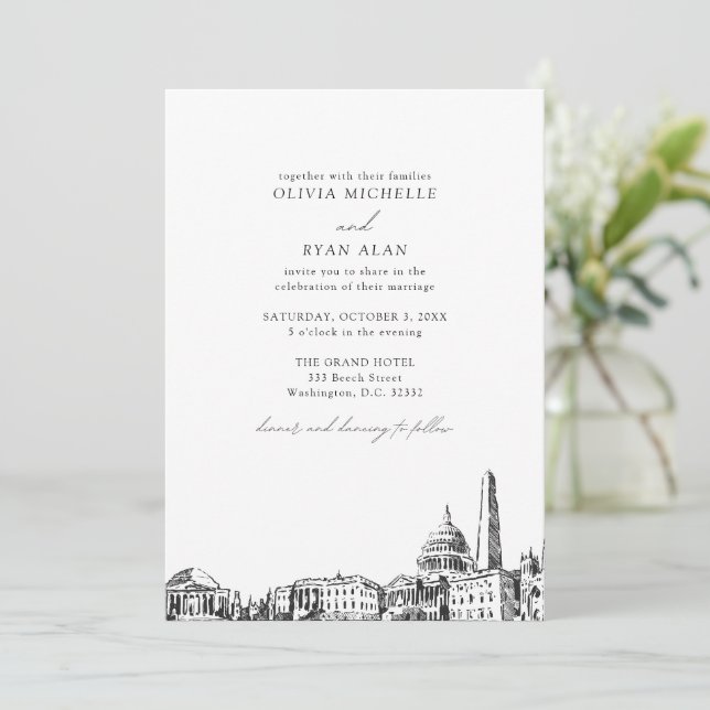 Moderne Washington DC Skyline Black & White Weddin Einladung (Stehend Vorderseite)