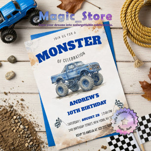 Moderne Wasserfarbe Blau Monster Truck Jungen Gebu Einladung