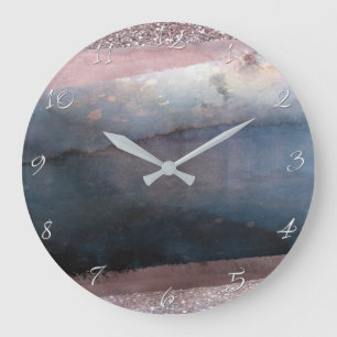 Moderne Wasserfarbe Blau & Roségold Rosa Hauch Gla Große Wanduhr