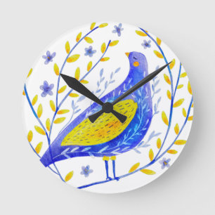 Moderne Wasserfarbe Blau und Gelbe Vogel Kunst Runde Wanduhr