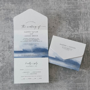Moderne Wasserfarbe Blaue Hochzeit All In One Einladung