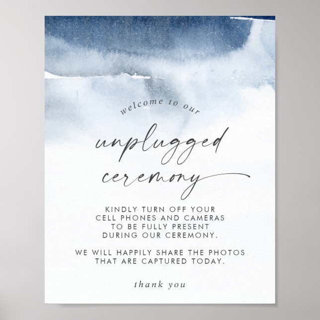 Moderne Wasserfarbe | Blue Unplugony Zeremony Sign Poster (Vorne)