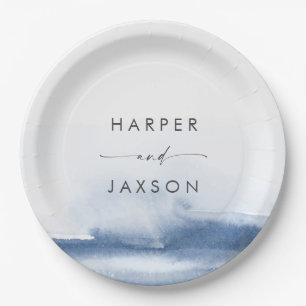 Moderne Wasserfarbe   Blue Wedding Cake Paper Plat Pappteller