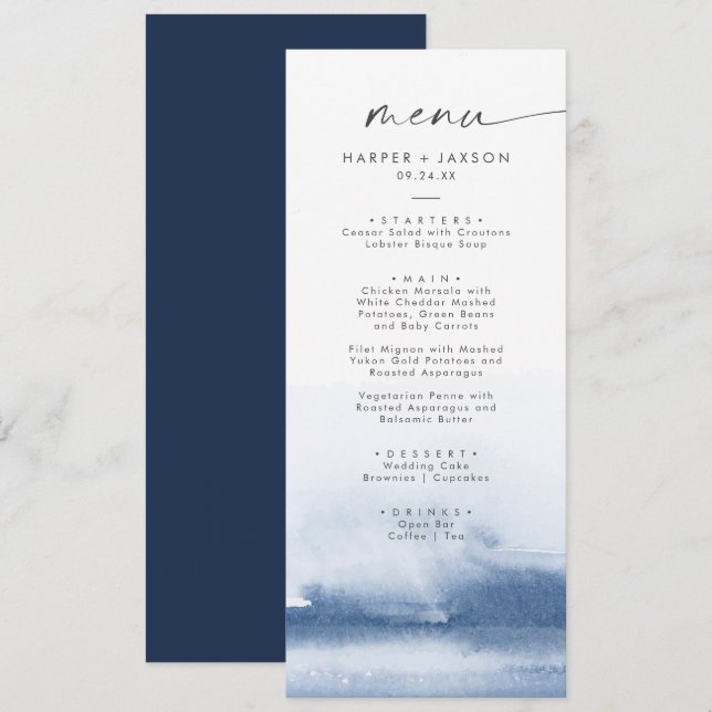 Moderne Wasserfarbe | Blue Wedding Dinner Menu Menükarte (Vorne/Hinten)