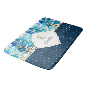 Moderne Wasserfarbe Boho Blaue Blumen Handgemalt Badematte