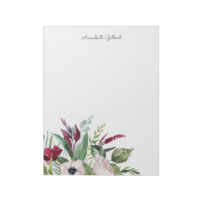 Moderne Wasserfarbe Burgund Blush Blumengrün Notizblock (Rotiert)