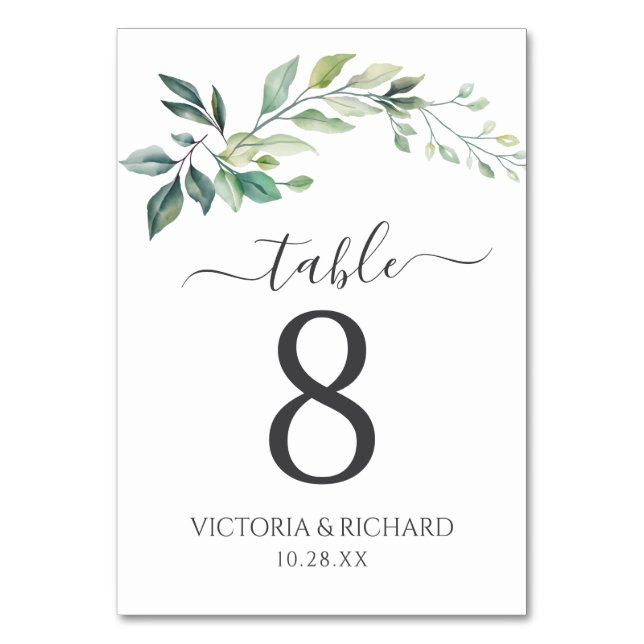 Moderne Wasserfarbe Eukalyptusblätter Grün Tischnummer (Vorderseite)