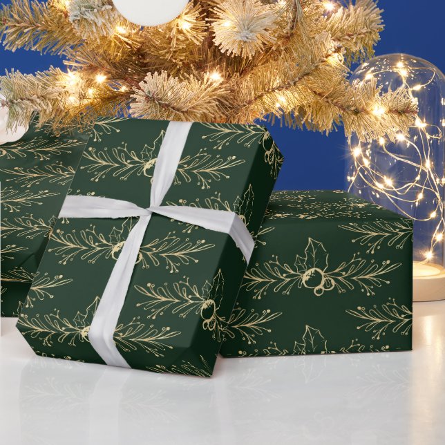 Moderne Wasserfarbe Golden Christmas Grün Geschenkpapier (Feiertage)