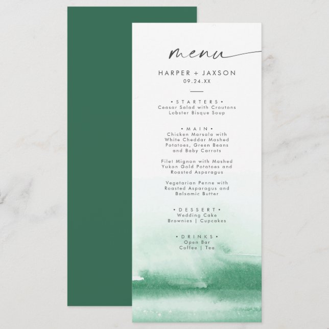 Moderne Wasserfarbe | Green Wedding Dinner Menu Menükarte (Vorne/Hinten)