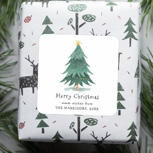 Moderne Wasserfarbe Grün Minimaler Weihnachtsbaum Quadratischer Aufkleber