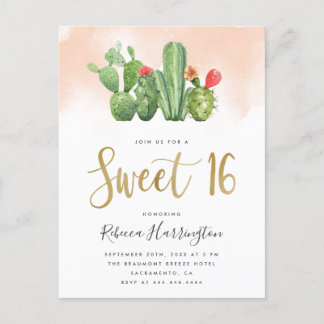 Moderne Wasserfarbe & Kakteen Sweet 16 Einladungspostkarte
