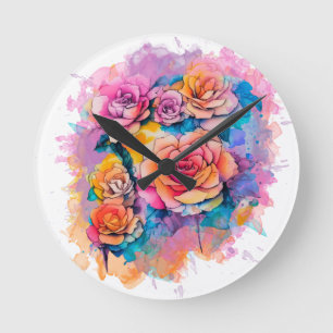 Moderne Wasserfarbe-Malerei Tupfen Rosenstrauß Runde Wanduhr