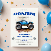 Moderne Wasserfarbe-Monster-Truck-Blue-Boy-Geburts