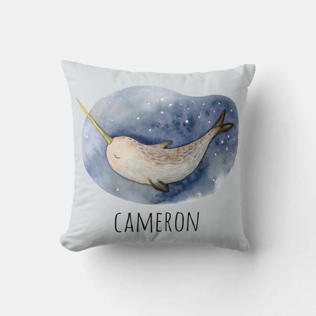 Moderne Wasserfarbe Narwhal Blauer Ozean Personali Kissen (Vorderseite)