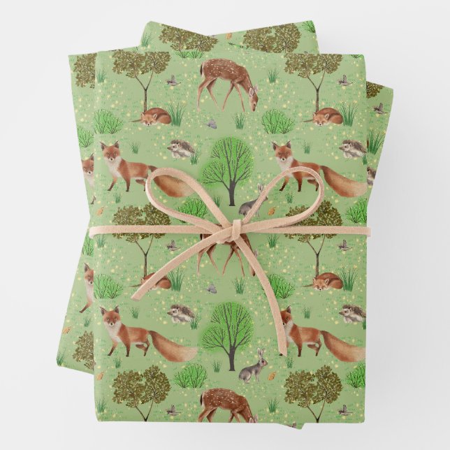 Moderne Wasserfarbe Niedliche Waldtiere Wiese Geschenkpapier Set (Beispiel)