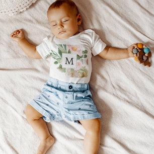 Moderne Wasserfarbe Rosa Blumen Monogrammiert Baby Strampler