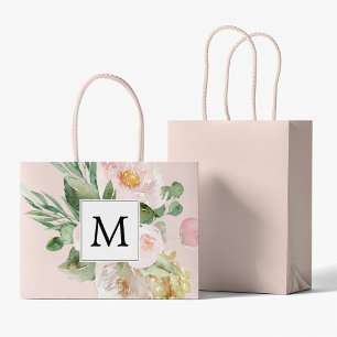 Moderne Wasserfarbe Rosa Blumen Monogrammiert Große Geschenktüte