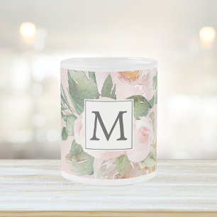 Moderne Wasserfarbe Rosa Blumen Monogrammiert Mattglastasse