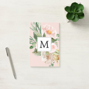Moderne Wasserfarbe Rosa Blumen Monogrammiert Post-it Klebezettel
