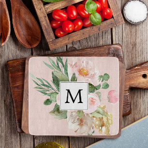 Moderne Wasserfarbe Rosa Blumen Monogrammiert Schneidebrett