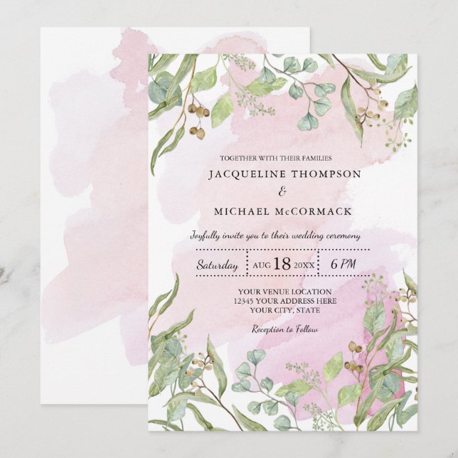 Moderne Wasserfarbe Rosa Eukalyptus Grüne Hochzeit Einladung (Vorne/Hinten)