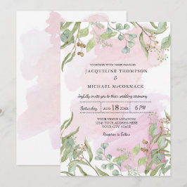 Moderne Wasserfarbe Rosa Eukalyptus Grüne Hochzeit Einladung