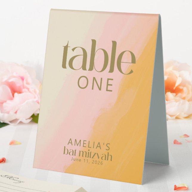 Moderne Wasserfarbe Rosa Gelbe Bat Mitzvah Editabl Tischaufsteller (In Situ (Hochzeit))
