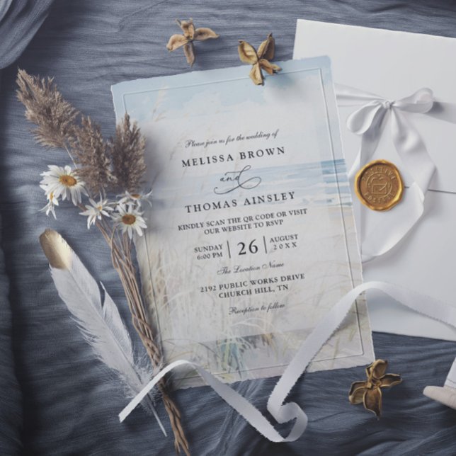 Moderne Wasserfarbe-Strand-QR-Code-Hochzeit am Mee Einladung (Von Creator hochgeladen)